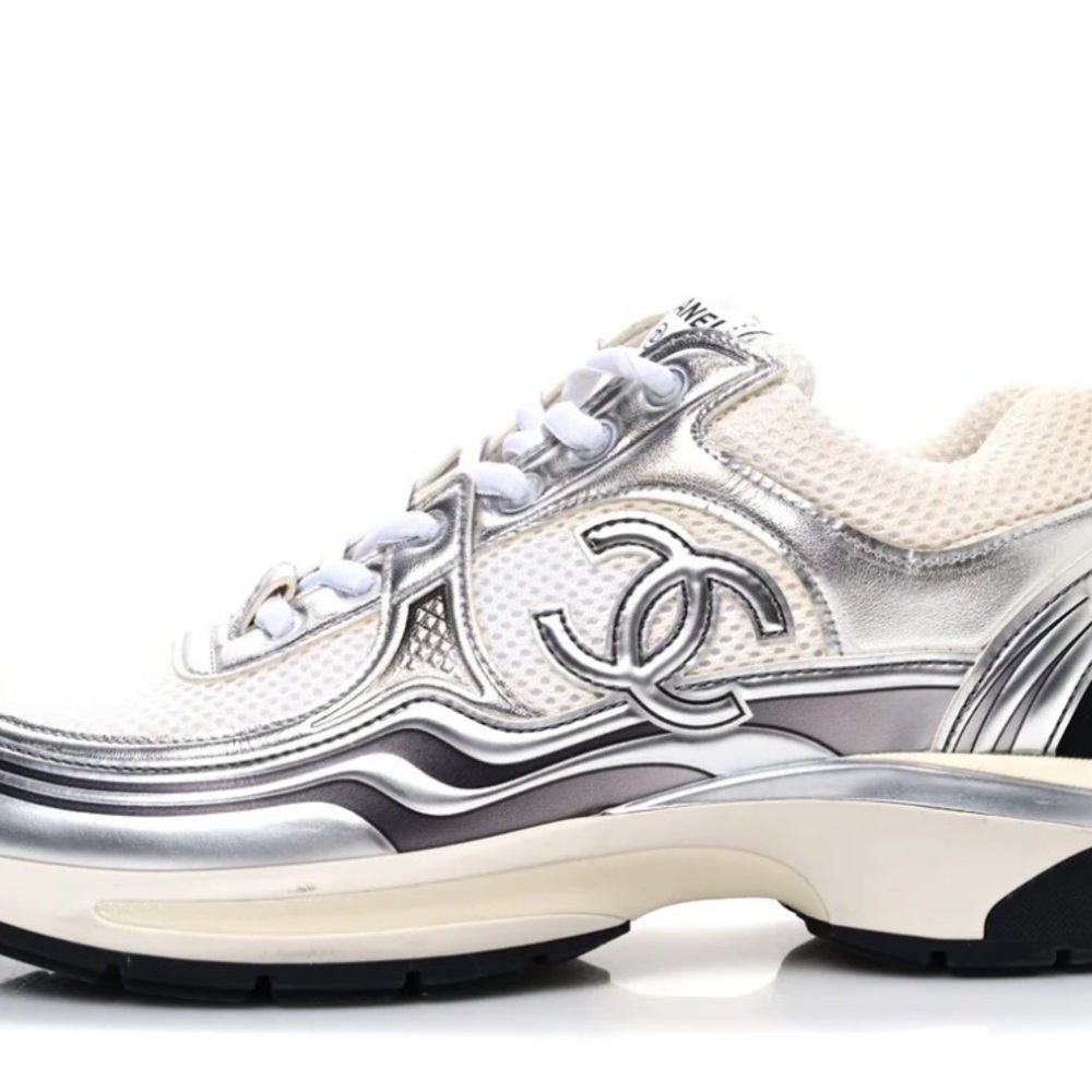 CHANEL White and Silver Mesh Logo Sneakers